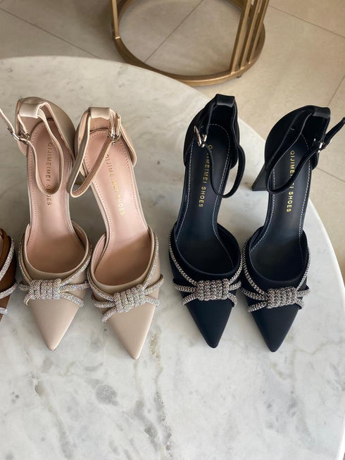 Rhinestone Embedded Pointy Ankle Strap Heels